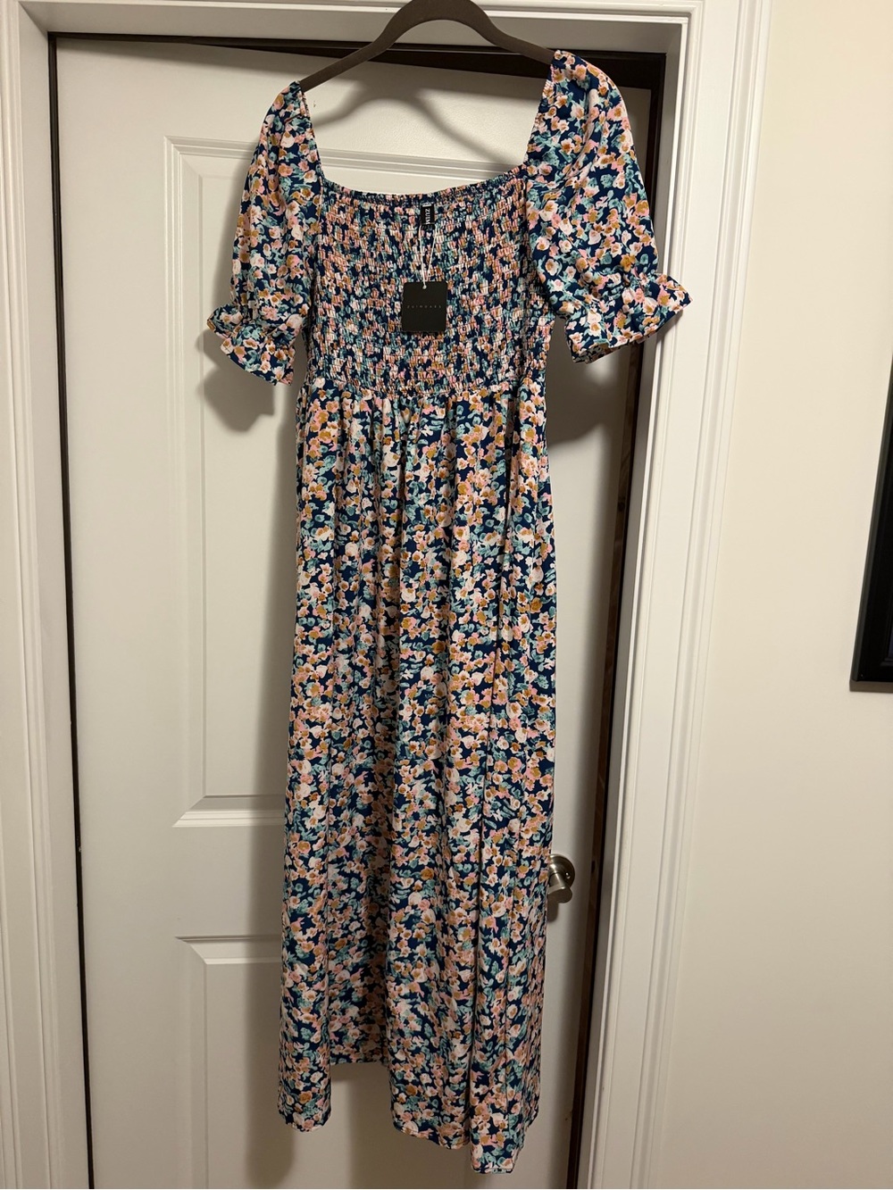 Smocked Floral Maxi Dress in Navy and Peach